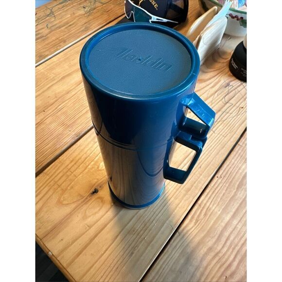 Aladdin Plaid Thermos 1 Pint Blue Vintage With Cup And Stopper - Picture 3 of 9